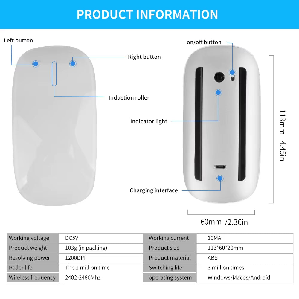 Bluetooth Wireless Mouse Arc Touch Magic Mice Ergonomic Ultra Thin Rechargeable Mouse Optical 1600 DPI Mause for Apple Macbook