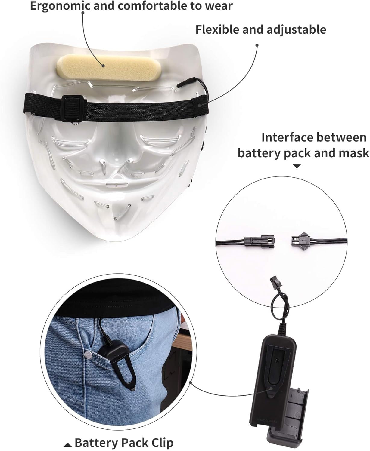 [2 Packs] LED Light up Mask,  with 3 EL Cold Light Modes, Scary Face Mask Cosplay Neon Mask for Men Women Kids