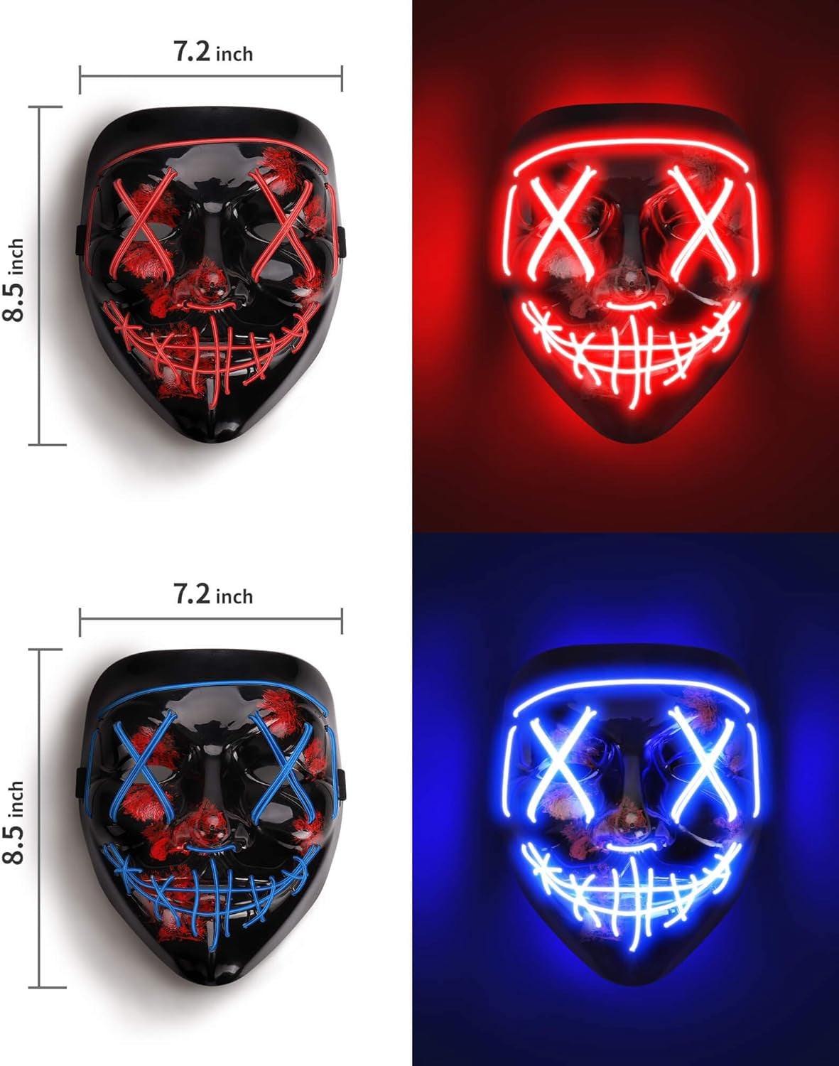 [2 Packs] LED Light up Mask,  with 3 EL Cold Light Modes, Scary Face Mask Cosplay Neon Mask for Men Women Kids