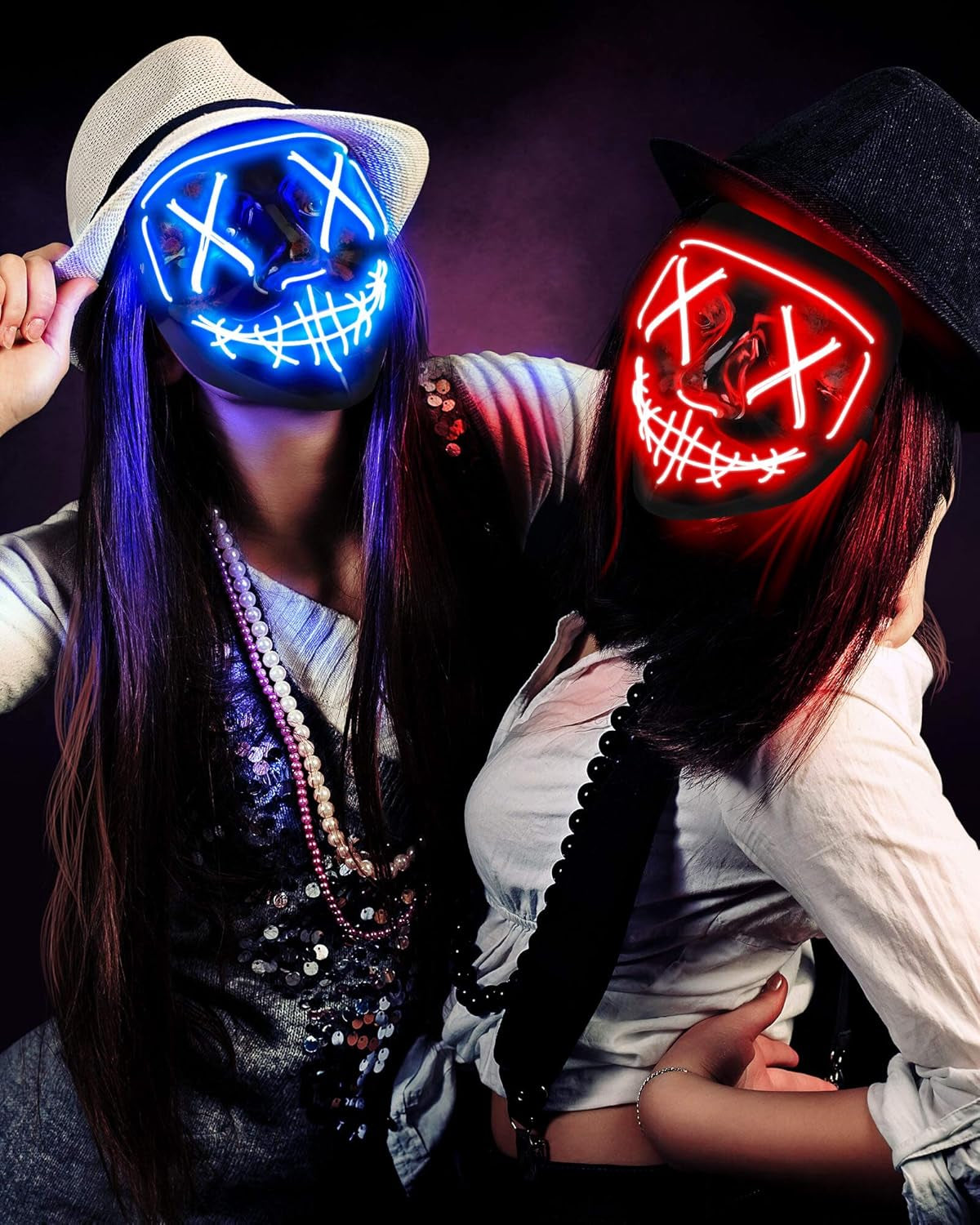[2 Packs] LED Light up Mask,  with 3 EL Cold Light Modes, Scary Face Mask Cosplay Neon Mask for Men Women Kids