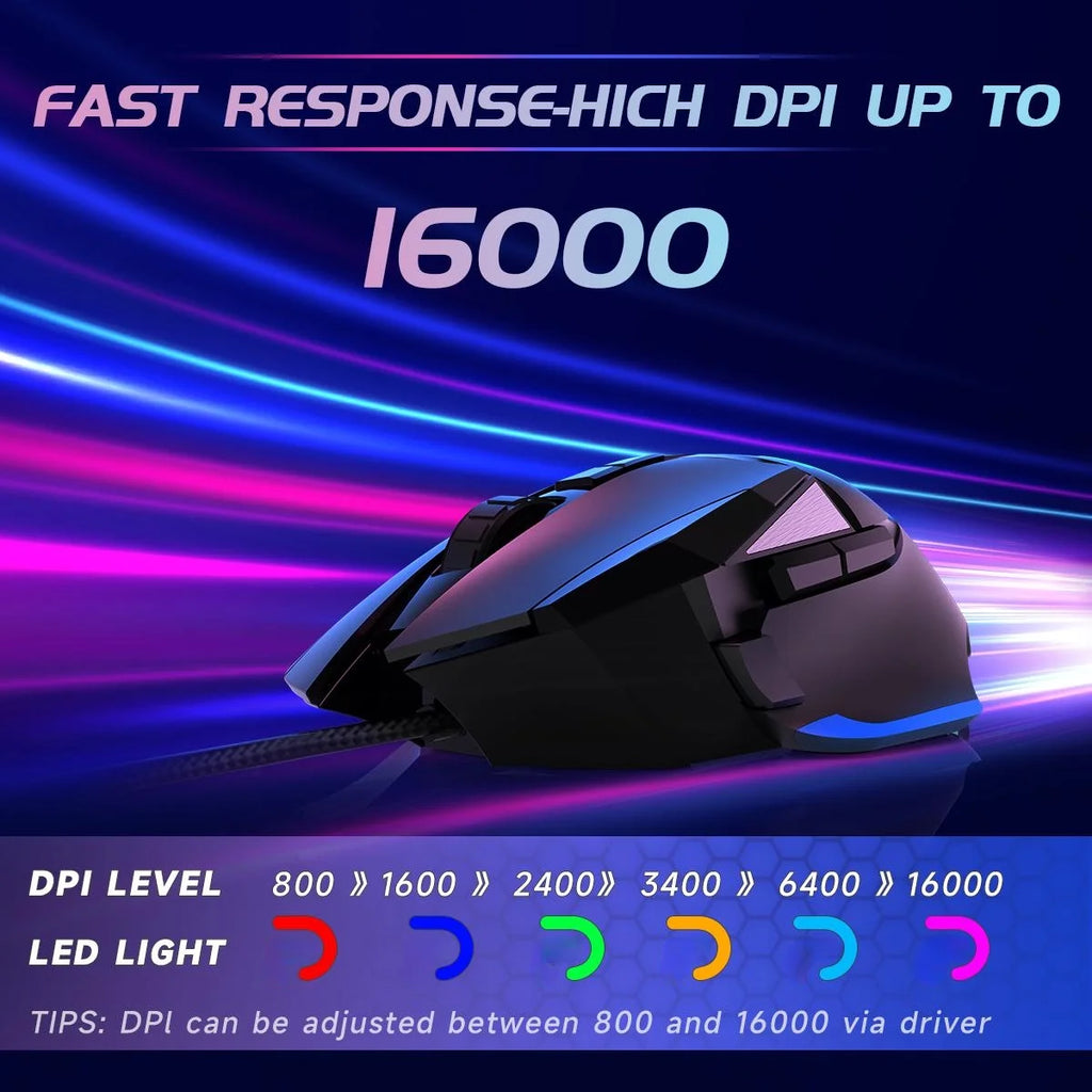 Gaming Mouse, Wired Optical Gaming Mouse, 16000 DPI, 8 Programmable Buttons, RGB Lighting, Black